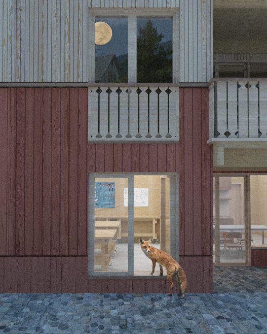 ein Fuchs schaut ins Fenster der Werkstatt der Eisengasse 51 Dornbirn OEOOO